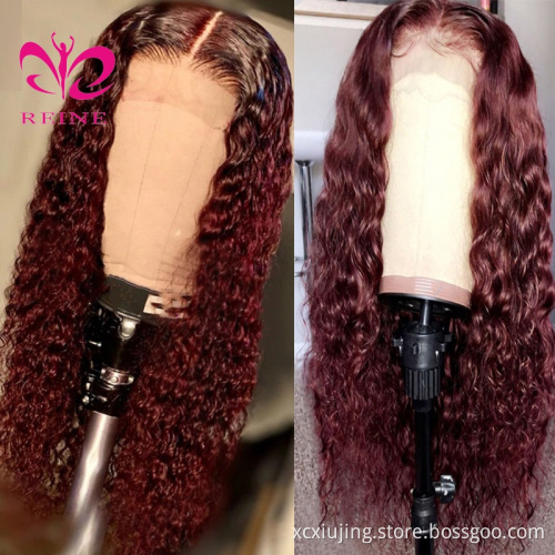 REINE OMBRE  99j Curly Lace Front Human Hair Wigs 4*4 Middle Part Lace Wigs With Baby Hair 8-22 Brazilian Middle Ratio Non-Remy
